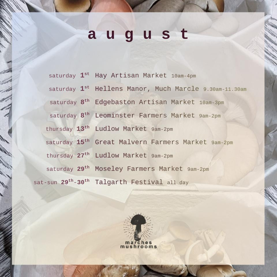 Our August 2026 dates for Marches Mushrooms market appearances